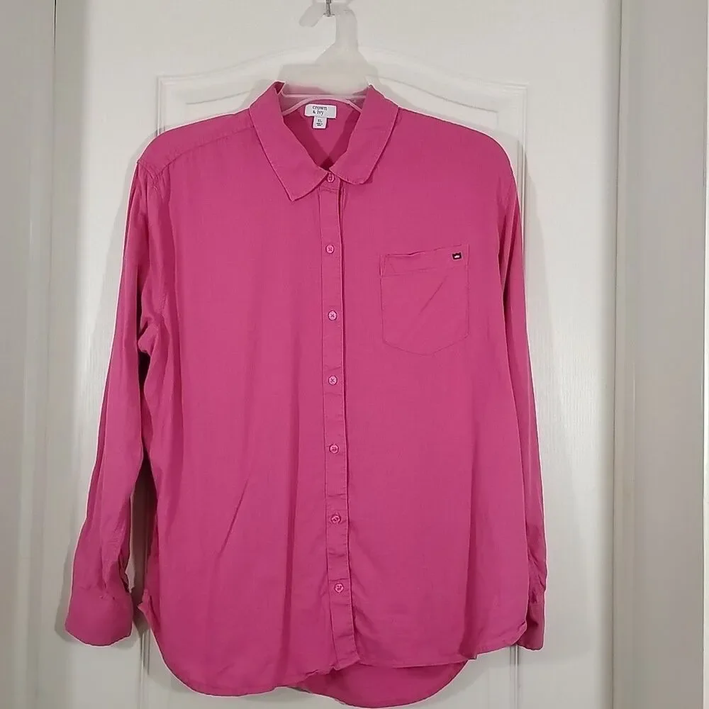 Crown & Ivy Womens XL Pink Button Front Top Long Sleeve Linen Blend